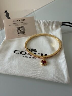 COACH Gold pink pave red Heart Charm Bangle Bracelet